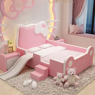 A child's bedroom with a pink Hello Kitty themed bed, complete with a slide and steps.