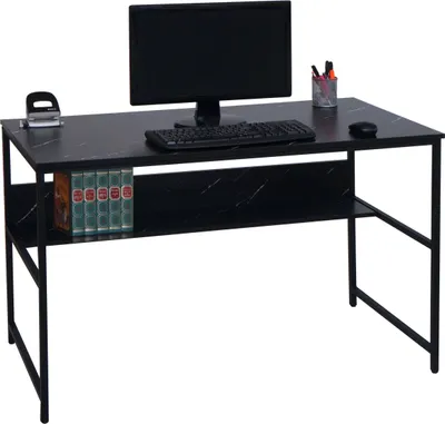 Zdjęcie produktu dla Biurko HWC-K80, półka na biurko komputerowe, metalowe MDF 120x60cm ~ marmurowy wygląd czarny