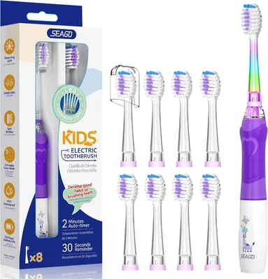 Produktbild von Elektrische Kinderzahnbürste 3-12 Jahre LED Licht Smart Timer 24000 VPM IPX7 Schallzahnbürste 8 Bürstenköpfe weiche Borsten Batteriebetrieben
