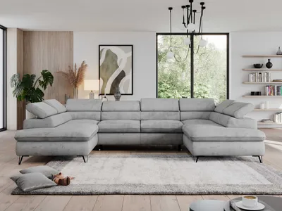 Produktbild von Wohnzimmersofa mit Schlaffunktion, U-form, verstellbare Kopfstützen, Bettkasten - PEDRO U - Velvet - Hellgrau