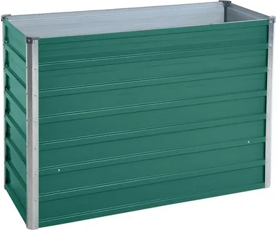 A green metal raised garden bed on a white background.