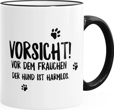 Produktbild von Tasse farbige Kante Vorsicht vor dem Frauchen der Hund ist harmlos! glänzend Kaffeetasse Teetasse Keramiktasse MoonWorks® schwarz unisize