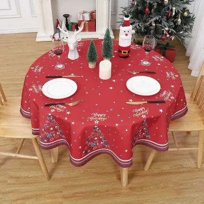 Produktbild von Weihnachts-Tischdecke - Rund 152 cm - Wasserabweisend - Wiederverwendbar - 100% Polyester - Moderner Stil - Weiß