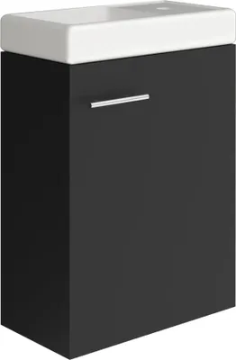A black vanity unit with a white countertop, shown from a front-side angle against a white background.
