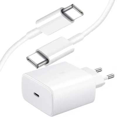 Produktbild von Super Schnellladegerät 45W Netzteil Adapter USB-C mit 3 meter USB-C zu USB-C Schnellladekabel in weiß für Samsung Apple Google Xiaomi