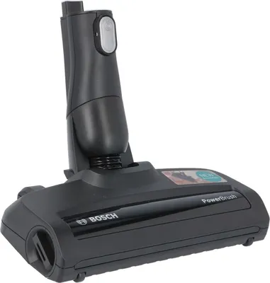 A close-up studio shot of a black Bosch PowerBrush vacuum cleaner attachment against a white background.