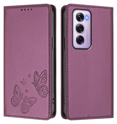 Obrázek produktu pro Kožené pouzdro pro Oppo Reno12 Pro 5G, motýlí ražbou, peněženkové flip pouzdro se stojánkem Fialová