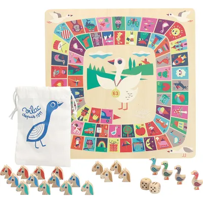 A wooden board game with a goose theme, a drawstring bag, and small wooden horse game pieces, along with two dice.