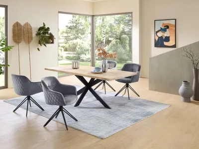 Produktbild von Essgruppe TORANO Esstisch Eiche Massivholz mit Baumkante 200 cm breit, 4 Stühle in grau
