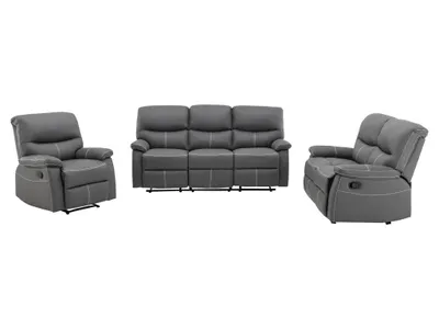 Produktbild von 3+2-Sitzer Sofa und Sessel mit Relaxfunktion aus grauem Ökoleder CANBY