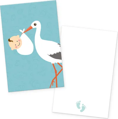 Produktbild von itenga 24x Kärtchen "Storch mit Baby" mintgrün pastell in Visitenkartengröße