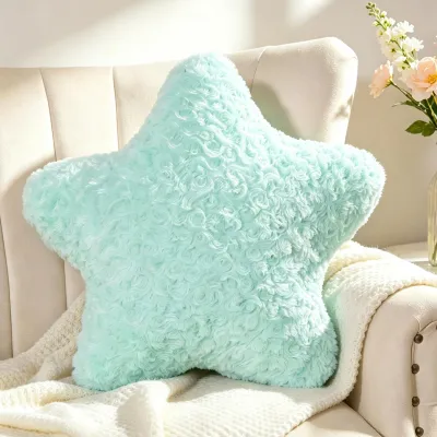 Obrázek produktu pro Dekorativní polštář 45x45 cm, ve tvaru hvězdy, vyrobený z plyše, modré barvy, vhodný do obývacího pokoje