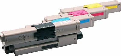 Four toner cartridges are lined up diagonally against a white background.