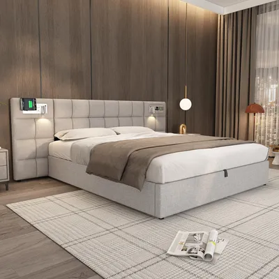 Zdjęcie produktu dla Łóżko tapicerowane Zerbaco, łóżko hydrauliczne, 180x200 cm, podwójne, z pojemnikiem na pościel, z portem USB, funkcją bezprzewodowego ładowania, oświetleniem LED, kolor: beżowy, szary