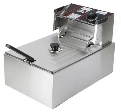 Obrázek produktu pro Elektrická fritéza – stolní model – objem 6 litrů – výkon 2500 W – teplota 60–200 °C – kryt z nerezové oceli – ochrana proti přehřátí – stříbrná barva
