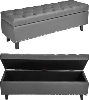 Image de Banc Ottomane VEVOR (415 x 1305 x 440 mm) en cuirPolyuréthaneavec pieds en bois & espace de rangement & boutons, banc à chaussures moderne avec une capacité de charge de 300 kg, banc de lit Banc de chambre à coucher pour le salon Salle à manger Gris