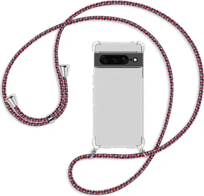 Produktbild von Handykette Backcover-Schutzhülle mit Band (Metall silberfarben) für Google Pixel 7 Pro - silber/blau/rot