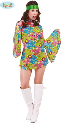 A woman modeling a colorful 1960s-style hippie costume.