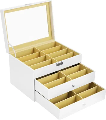 Immagine prodotto di Vetrina per occhiali - Organizer per occhiali da vista e da sole, gioielli e orologi - 24 scomparti - 3 livelli - Chiusura con serratura - Coperchio in vetro - Finto cuoio - Dimensioni 34×25×19 cm - Bianco