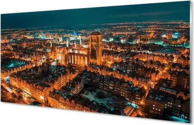 Produktbild von Glasbilder 100x50 Wandkunst Nacht-Panorama der Danziger Kirche