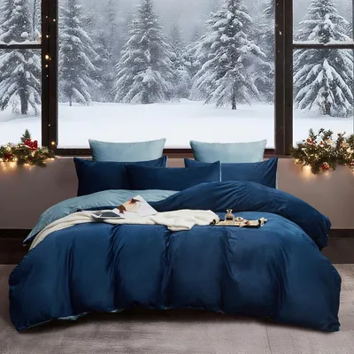 Produktbild von Winter Bettwäsche 200x200 cm Dunkelblau Hellblau 3-teilig Plüsch Fleece Wendebettwäsche mit Reißverschluss