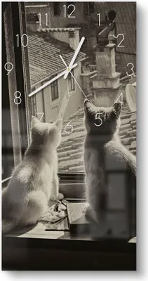 Produktbild von DEQORI Glasuhr 30x60 cm Zahlen 'Katzen auf Fensterbrett' Wanduhr Glas Uhr Design leise
