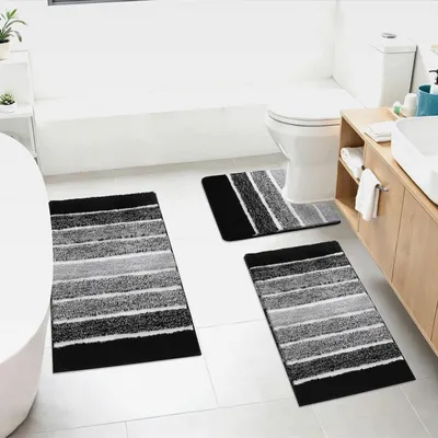 Produktbild von Badezimmerteppich Set 3 Teilig Badteppich rutschfest Badematte Schwarz Weiche Badezimmer Teppiche Wasserabsorbierend Duschmatte Waschbar Badvorleger Set, 40x60+50x80+50x60cm