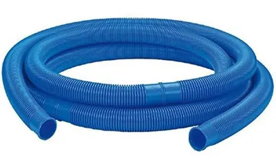 A coiled blue flexible hose on a white background.