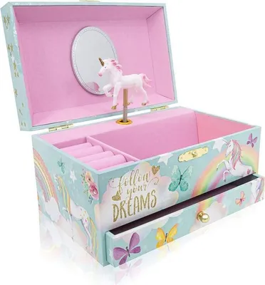 Produktbild von Einhorn Ballerina Schmuckkästchen Kinder mit Spieluhr , Schmuckschatulle Mädchen mit drehendem Einhorn & Spiegel