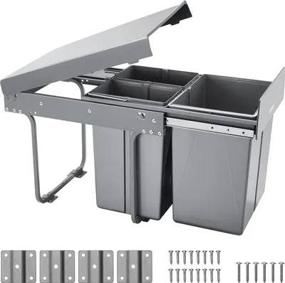 A pull-out trash bin system with multiple compartments and a lid, shown with mounting hardware.