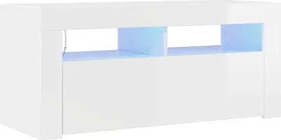 A white TV stand with open shelves illuminated by blue LED lights.