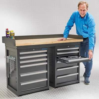 Produktbild von Werkbank PRO - Arbeitsplatte aus Eiche - 12 Schubladen - 150 cm