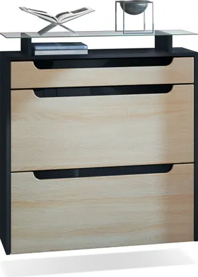 Produktbild von Vladon Schuhschrank Annie, Schuhkipper für 16 Paar Schuhe mit 2 Klappen, 1 Schublade und Glasablage, Schwarz matt/Eiche Sägegrau/Schwarz Hochglanz (89 x 96 x 23 cm)