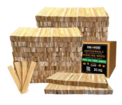 Stacks of kindling wood with a box of kindling wood.