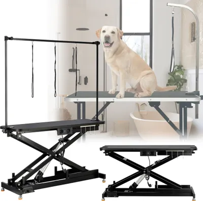 Produktbild von Tisch für Hundefriseure, Trimmer und Tierärzte mit drei Leinen an einem verstellbaren Arm, elektrischer Antrieb und rutschfeste Tischplatte.
