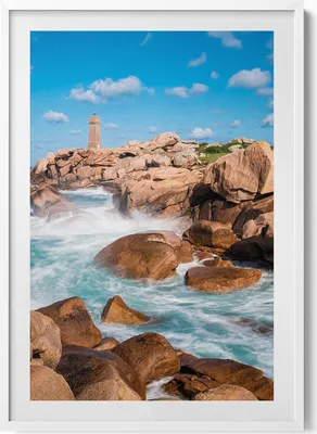 Produktbild von Wasser, Felsen und ein Leuchtturm– Wandbild mit Rahmen – Gerahmtes Bild  – Wanddekoration – 70x100 cm –  Weiß Rahmen