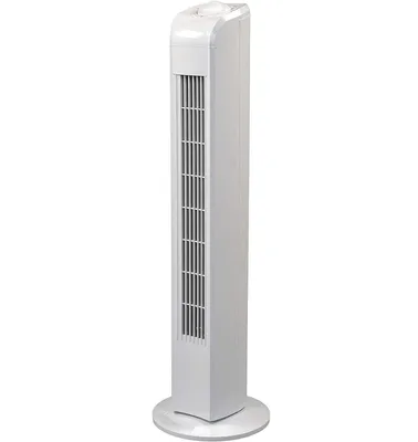 A white tower fan on a white background.