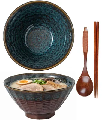 Produktbild von Ramen Schüssel Set - Große Pastaschüssel mit Löffel und Essstäbchen, 1200 ml
