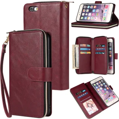 Produktbild von Für Iphone 6/6 Plus/6 Plus/6 Plus/7 Plus/8 Plus Kunstleder Handyhülle Reißverschluss Tasche + Handschlaufe Rotwein