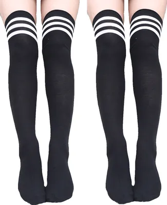 Produktbild von Krautwear Damen Strümpfe Socken Overknees Streifen Kniestrümpfe Cheerleader (2x schwarz/weiß)