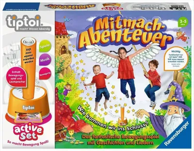 The image shows the packaging of a Tiptoi active set called 'Mitmach-Abenteuer'. The packaging features colorful illustrations of children playing, a castle, a dragon, and a wizard, along with the Tiptoi pen and its charging base.