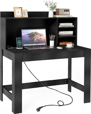 Zdjęcie produktu dla COSTWAY 108x60x125 cm biurko ze stacją ładującą, małe biurko komputerowe z gniazdkiem elektrycznym, blatem i otwartymi przegrodami, drewniane biurko biurowe, biurko komputerowe czarne