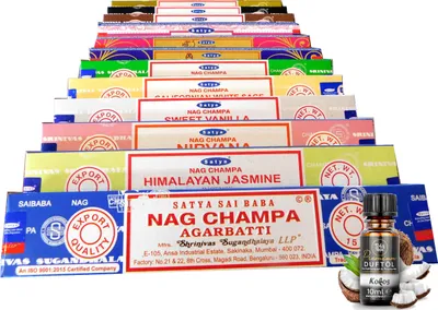 Produktbild von Satya Indische Räucherstäbchen Set 12x Nag Champa, zufällige Düfte a 15g + EIN original Teufelsküche Premium Duftöl