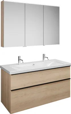 Produktbild von burgbad Eqio Set, bestehend aus Spiegelschrank rechts, Keramik-Waschtisch mit 2 Armaturbohrungen und Waschtischunterschrank, Breite 1230mm, SFAO123LF3180C0001G0252