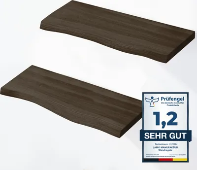 Produktbild von LAMO Manufaktur 2 Stück Wandregal aus Holz mit unsichtbarer Befestigung 2x 42cm | Wandregal aus 100 % echtem Holz | Hängeregal für Wohnzimmer, Wandregale SET 2 Baumkante | Regal Farbe: Schwarz