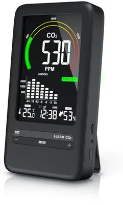 Produktbild von Brandson - CO2 Melder Messgerät – Kohlendioxidmessung PPM – CO2 Melder mit Akku 2000 mAh – Alarm – Wecker mit Schlummerfunktion – Temperatur Uhrzeit Luftfeuchtigkeit – schwarz