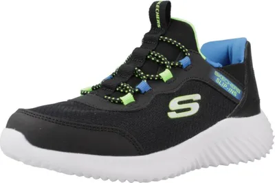 A single black Skechers shoe with green and blue accents is shown against a white background.