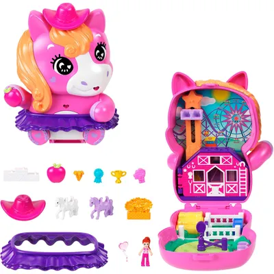 Produktbild von Polly Pocket Pony-Rodeo, Spielset mit 1 kleinen Puppe und Pferdchen, Spielzeug für unterwegs mit Zubehör für Mode und Essen, Tier, 4 Jahr(e), Mehrfarbig, Kunststoff
