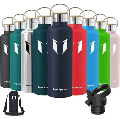 Produktbild von Edelstahl Trinkflasche 350ml-1L Auslaufsicher BPA-Frei mit 2 Deckeln Meeresblau