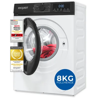 Produktbild von Exquisit Waschmaschine 8kg, Startzeitvorwahl, 47 cm tief, Energieklasse A, 11 Waschprogramme, Kindersicherung, 1400 U/min, WA8014-370A weiss
